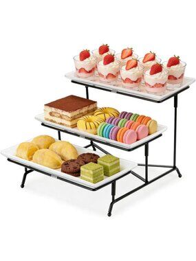 3-Tier White Plastic Serving Tray with Collapsible Metal Stand - Perfect for